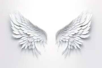 A pair of white fairy wings with soft feathers on a white background. generative AI