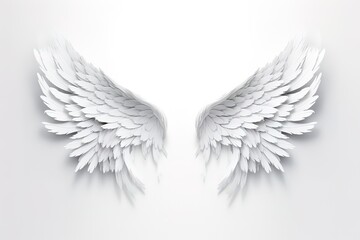 Obraz premium A pair of white fairy wings with soft feathers on a white background. generative AI