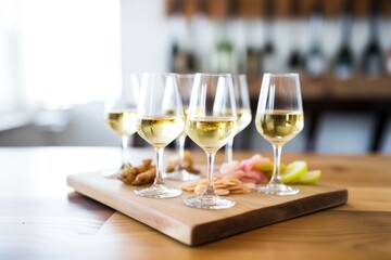 white wine flight on a wooden tasting board