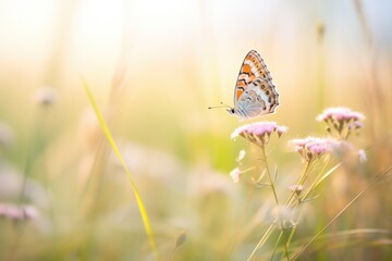 butterfly resting on a pink wildflower in a field - obrazy, fototapety, plakaty