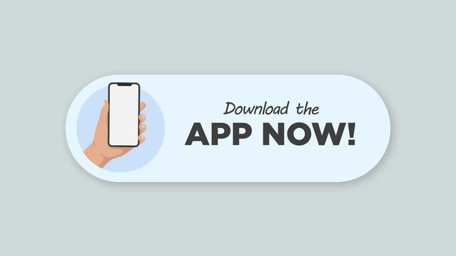 Download the app now sticker with hand holding smartphone animation. Alpha channel, transparent background. 4K resolution