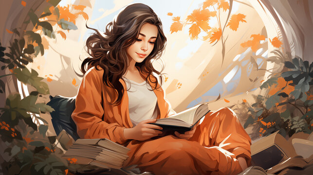Contemplative Young Woman Reading Amongst Autumn Leaves and Books