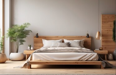 A simple bedroom mockup with a wooden bed