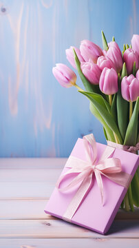 Tulips and a giftbox. Happy Mother Day concept. AI generated image.