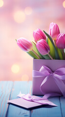 Tulips and a giftbox. Happy Mother Day concept. AI generated image.