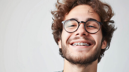  portrait of smiling young man with braces on teeth. Bite correction, orthodontist, health, medicine, dentistry
 - obrazy, fototapety, plakaty