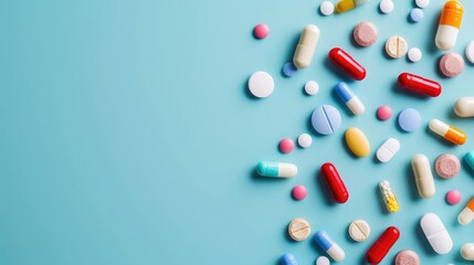 Different medicines or vitamins, on a pastel blue background, there is free space for text