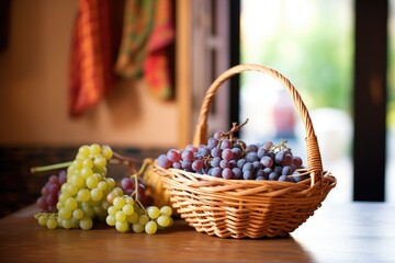 Fototapeta na wymiar handpicked grapes in a wicker basket near a tasting table