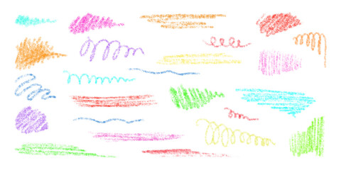 Fototapeta na wymiar Hand-drawn underlining elements, brush with crayon effect, chalk texture. Chalk stroke for highlighting. Vector illustration in children's style. Crayon brush colored underline.