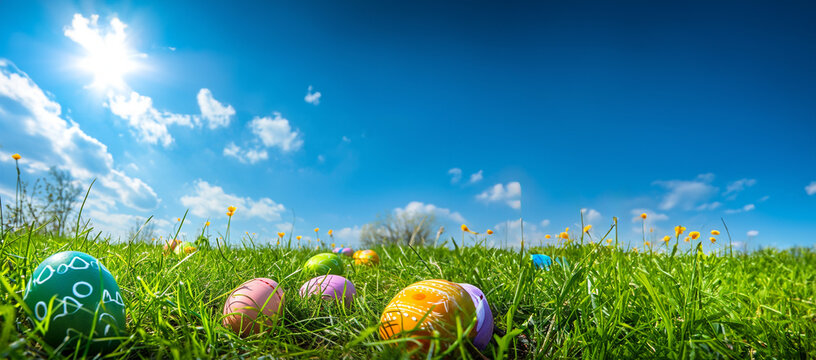 Banner Happy Easter holidays background, decorated eggs on green grass under blue cloudy sky. Eggs hunting on lawn, Easter games on green field with grass blades banner with copy space. Happy Easter 