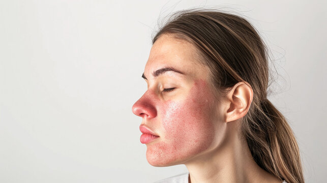 young woman with skin problem rosacea on the face. Medicine and cosmetology. rosacea skin condition.
