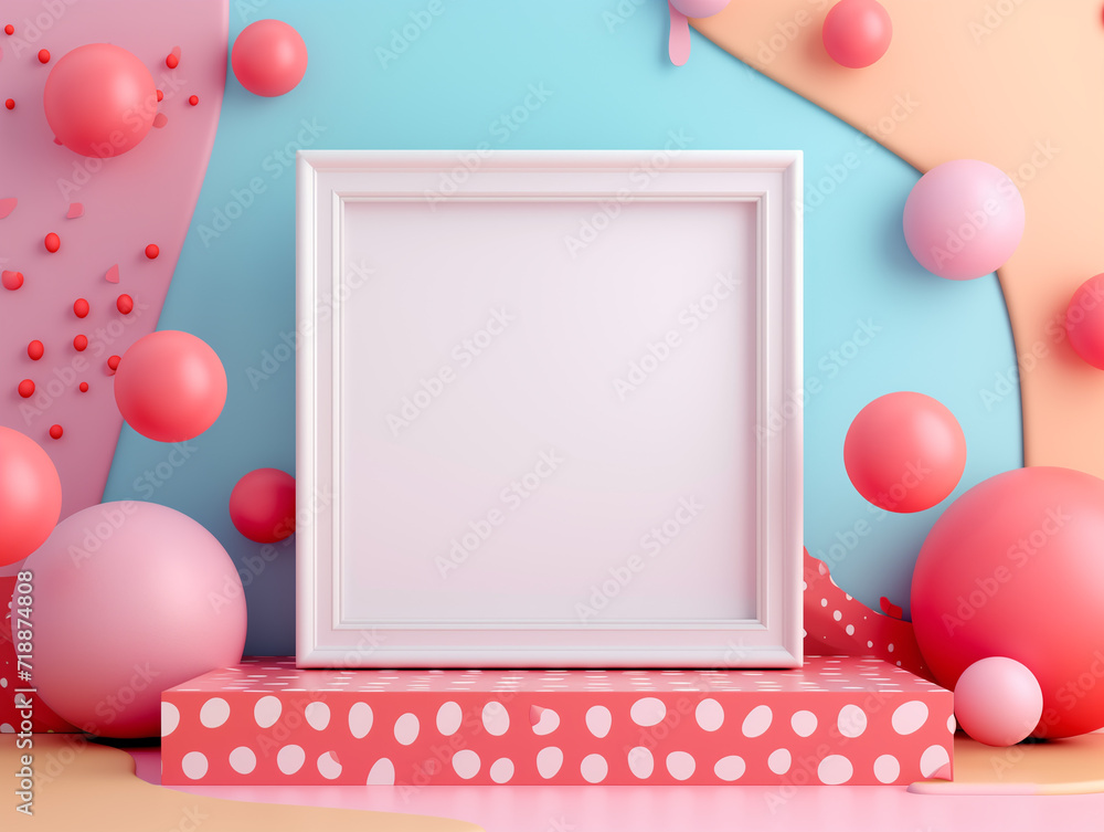 Poster 3d empty mockup frame set against an abstract background. white framed canvas set against a pink and