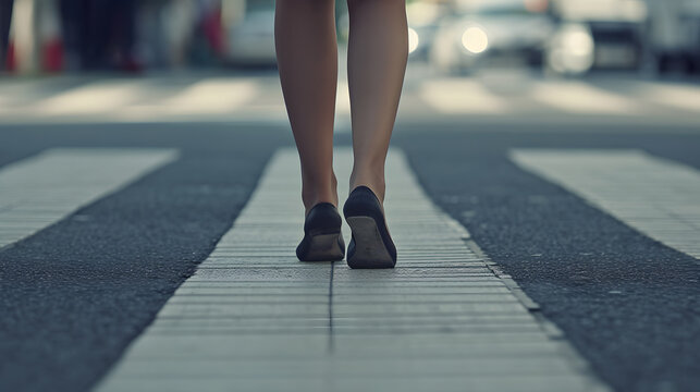 Close-up photo of woman's legs from behind. The person crosses the road at pedestrian crossing