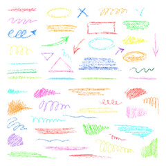 Fototapeta premium Hand-drawn underlining elements, brush with crayon effect, chalk texture. Chalk stroke for highlighting. Vector illustration in children's style. Crayon brush colored underline.