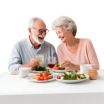 Elderly couple enjoying a nutritious home-cooked meal isolated on white background, photo, png
