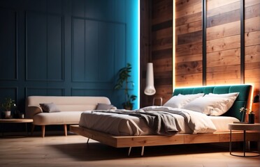 Bedroom with wooden wall panels and neon light