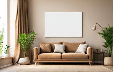 Modern living room with a blank frame, a plant, and a lamp
