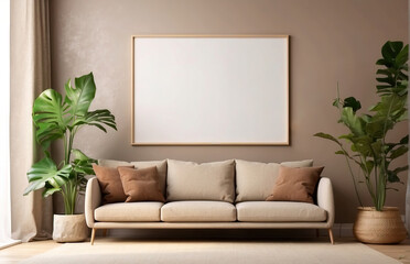 Modern living room with a blank frame, a plant, and a lamp