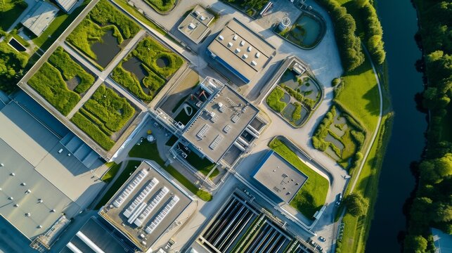 Aerial view of a large, eco-friendly waste processing facility, sprawling complex with different sections for various types of recycling