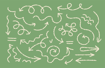 Hand drawn crayon chalk charcoal line arrows set. curvy and wavy arrows isolated on green. Group of squiggles and scribbles strokes. Elements for diagrams. doodle marker
