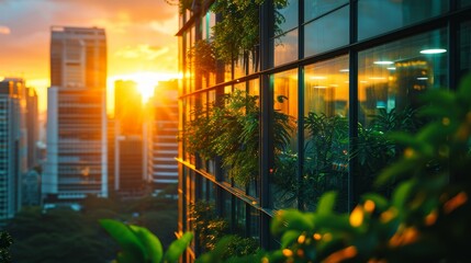 Fototapeta premium Eco-friendly building in the modern city. Sustainable glass office building with tree for reducing carbon dioxide. Office building with green environment