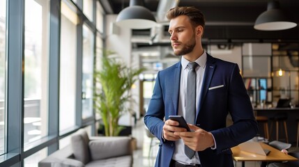 Fototapeta premium Male professional holding a mobile phone in an office