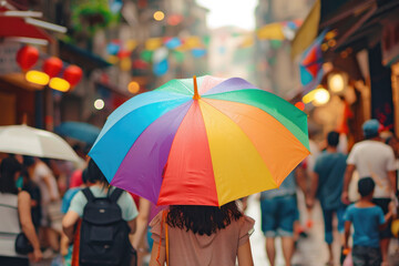 colorful umbrella open in the crowded street on the street