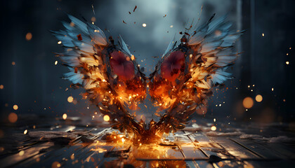 3d illustration of heart made of fire. Valentine's day concept