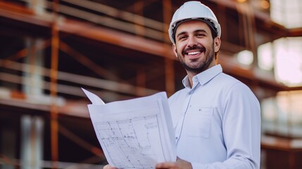 man architect smiling confident holding blueprints at construction place
