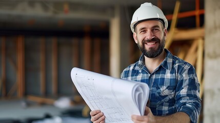 man architect smiling confident holding blueprints at construction place