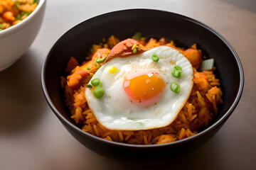A bowl of spicy kimchi fried rice with a fried egg