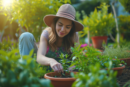 Young caucasian woman with long hair and hat gardening food spices on her backyard or garden