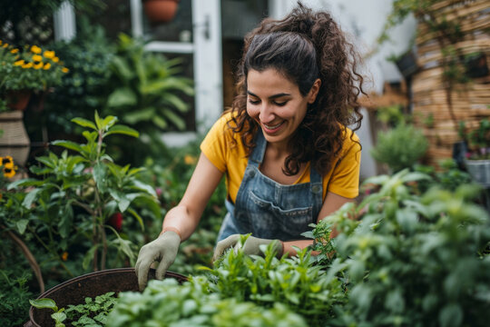 Young latin woman with long curly hair gardening food spices on her backyard or garden