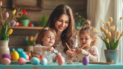 Happy family mother and child painting easter eggs for easter