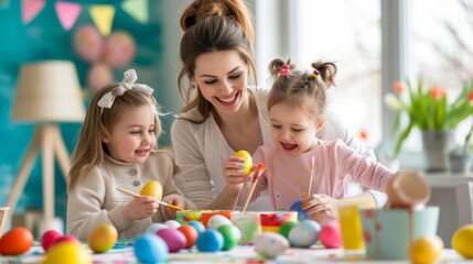 Naklejka premium Happy family mother and child painting easter eggs for easter
