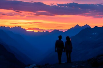 Obraz premium silhouette of a man and woman against the background of dark mountains at dawn