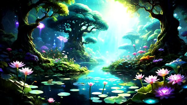Digital painting of a beautiful forest scene with a tree in the middle of a pond