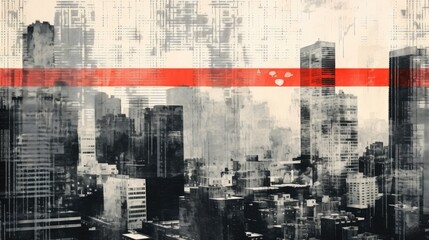 Generative AI, Poster with cityscape in risograph and glitch style, monochrome colors	
