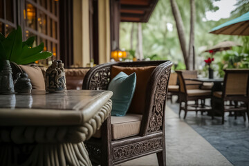 Fototapeta na wymiar A cozy, elegant outdoor seating area with detailed wooden furniture, cushions, and greenery creating a serene atmosphere, ai generative