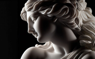 Ancient white marble sculpture head of young woman. Statue of sensual renaissance art era woman antique style