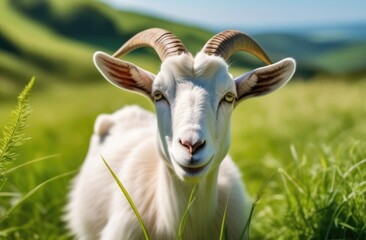 Fototapeta premium White goat grazing in a summer field on a sunny afternoon, blurred background. Health benefits of farm milk, farming, cattle walking. Micronutrients, beta-casein