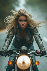 Fototapeta na wymiar Confident Attractive Woman with Blonde Hair Riding Motorcycle on Foggy Road