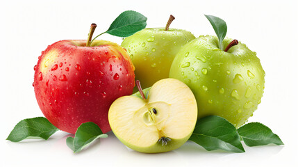 Realistic cut juicy red and green apples