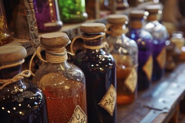 A close-up of a potion bottle with labels indicating magical ingredients 
