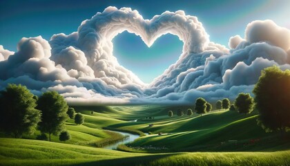 Heart-shaped hole in clouds above a green meadow - Valentine's Day Concept