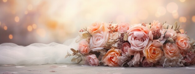 Beautiful wedding panoramic banner. A pink and orange bride's bouquet with green leaves lying on a white fluffy ground
