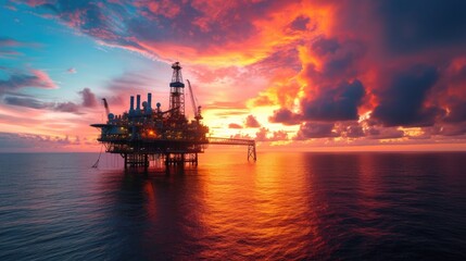 Fototapeta premium A panoramic view of an oil rig at dawn, with workers starting their shift, the silhouette of the structure against the awakening sky, and the reflection on the calm sea