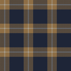 Plaid (tartan) seamless pattern. Gold, navy blue and gray stripes. Scottish, lumberjack and hipster fashion style.