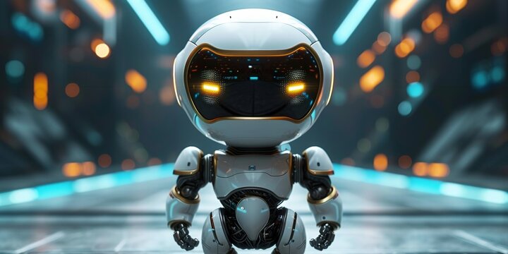 A white robot character with a mechanical arm, combining vintage aesthetics with modern design.