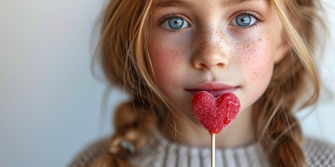 Cute little girl happily enjoys a lollipop, expressing happiness and delight in a summer setting. - obrazy, fototapety, plakaty